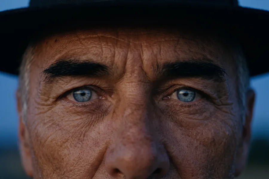AI-generated close-up of Kalman's ice-blue eyes under the brim of his black hat