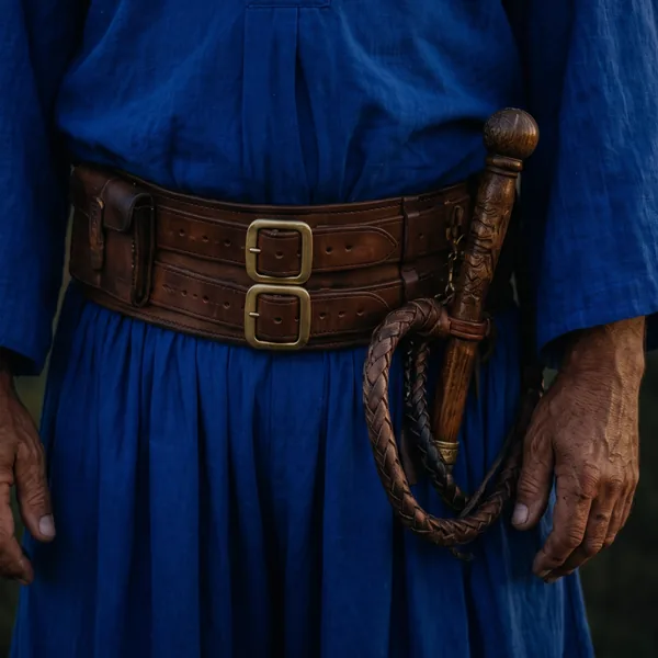 AI-generated close-up of Kalman's wide leather belt with brass buckles and his coiled whip